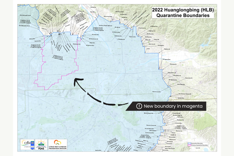 A satellite map of the Fontana, California and new ACP quarantine boundary highlighted in magenta. An arrow points to the magenta boundary line with a dark grey box with an information icon, round circle with "i" and the words new boundary in magenta.