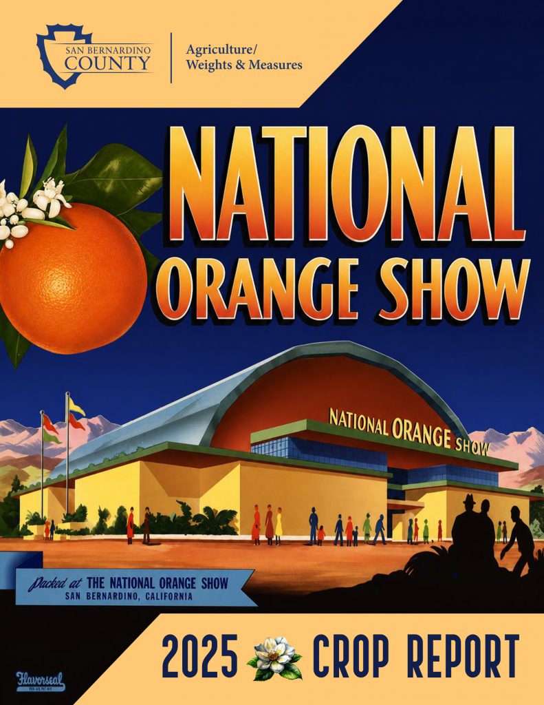 San Bernardino County Agriculture/Weights & Measures 2025 Crop Report cover featuring a vintage-style National Orange Show poster with a large orange and blossoms, the National Orange Show building, mountains and visitors. The cover uses navy blue, orange and gold tones and reads National Orange Show and 2025 Crop Report.