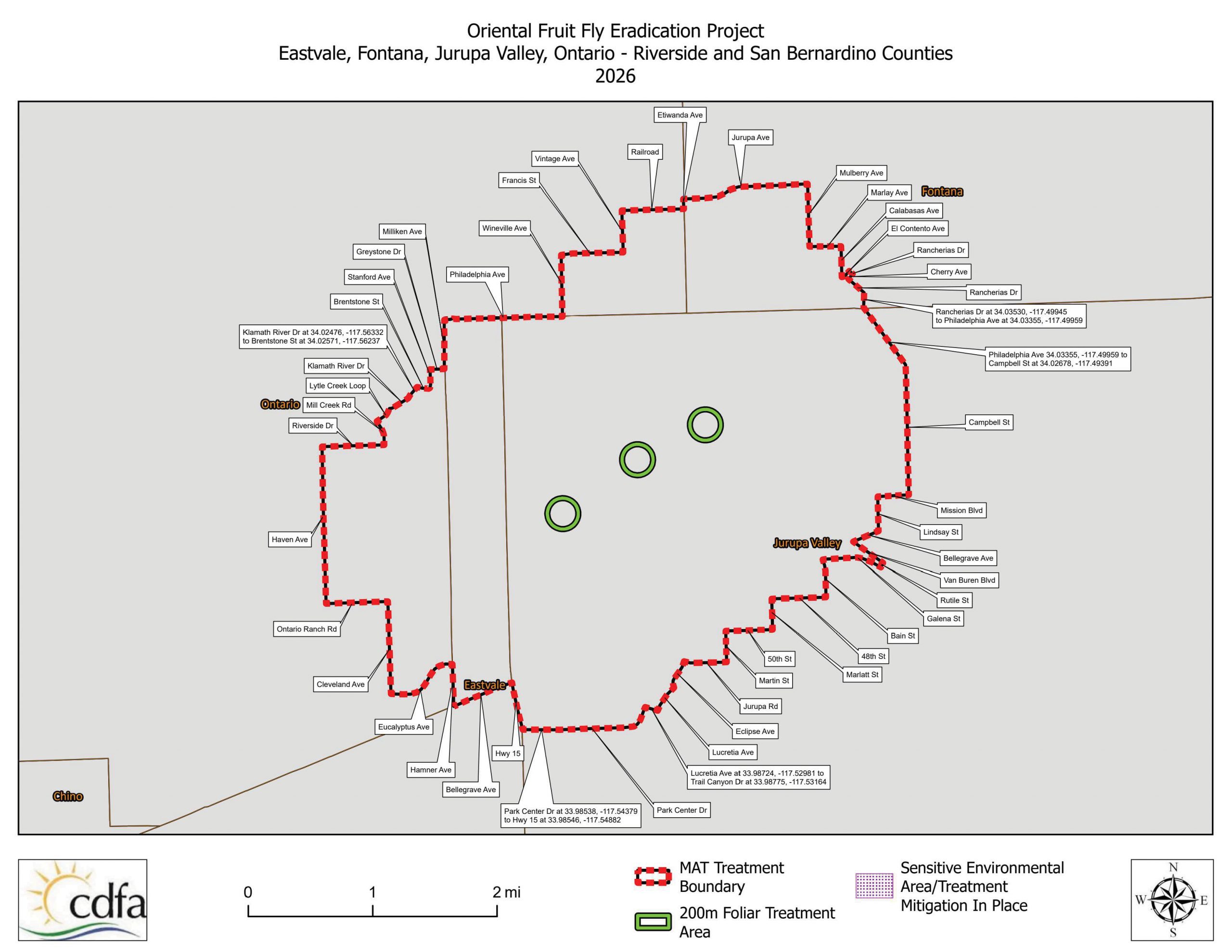 A map with a red line circling the areas of Fontan, Ontario, Chino and Jurupa Valley.