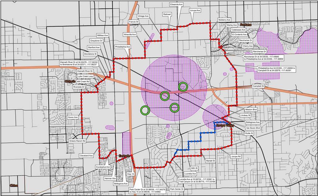 A map with a red line circling the areas of Ontario, Fontana, Eastvale and Jurupa Valley.